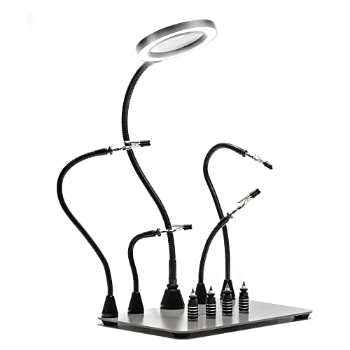 SainSmart Dritte Hand Lötstation Lötwerkzeug mit 4 Magnetische Flexible Helfende Händen, LED-Lupe, 4 PCB Leiterplattenhalter und Größerem Stabilem Sockel von sainsmart
