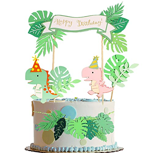 4 Stück Dinosaurier Alles Gute zum Geburtstag Cake Topper, Geburtstagsfeier Kuchen Dekorationen Zubehör, Wald Grünes Blatt Cake Topper Grün von saizone
