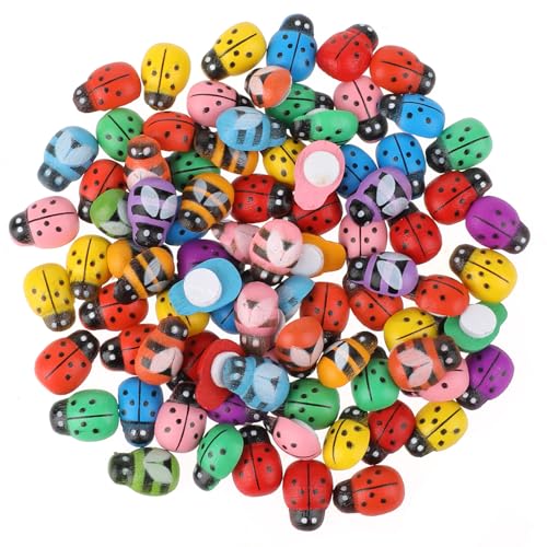 100 Stücke Mini Holz Bienen,Holz Marienkäfer Bunter Selbstklebend Marienkäfer und Biene Holzsorte Marienkäfers Verzierungen für DIY Craft Scrapbooking Party Dekoration Handwerk Scrapbooking 9 × 13 mm von salbsever