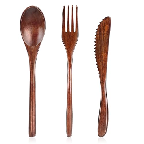 3 Stück Holzbesteck Set, Wiederverwendbarer Japanische, Besteck im Japanischen Stil, Tragbarer Löffel, Gabel, Messer, Campinggeschirr, Reisegeschirr, für Küche Zuhause Büro, Geschenkideen von salbsever