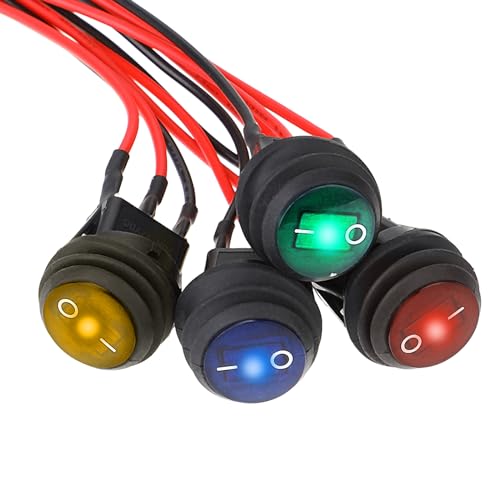 4 Stück Wasserdichter Rund Kippschalter, 12V 20A SPST 3Pins Lichter und 4 Farben LED Schalter ON/OFF Wippschalter mit 20 CM Vorverdrahtet für Auto, Boot, LKW, Haushaltsgeräte, Wohnmobil von salbsever