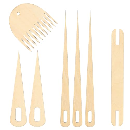 7 Stücke Webrahmen Holz Handwebstuhl Stick Set, Einschließlich 5 Stücke Holzweb Häkelnadel mit 1 Stücke Holz Shuttles Webstick und 1 Stücke Holzwebkamm Strickhandwerk für Anfänger zum Selbermachen von salbsever