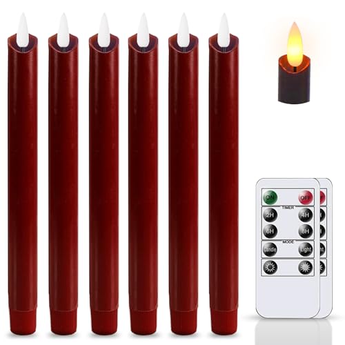 salipt LED Stabkerzen mit Zwei Fernbedienung und Timerfunktion, Flackernde Flamme Batteriebetrieben Elektrisch Echtwachskerzen,6 Stück Rot (2 x 24,5 cm,Warmes) von salipt