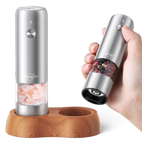 Sangcon Mini Elektrische Salz und PfeffermüHle Set, Tragbar USB Wiederaufladbare Kinder PfeffermüHle, 5 StäRken Einstellbar, Edelstahl Mit Holzsockel, Geeignet FüR Camping von sangcon
