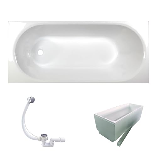 sanicomfort Badewanne Komplettset Basic Rechteck 170x75 cm – Acryl-Badewanne weiß mit Wannenträger & Ablaufgarnitur, Wärmedämmung & Schalldämmung, pflegeleicht & robust von sanicomfort