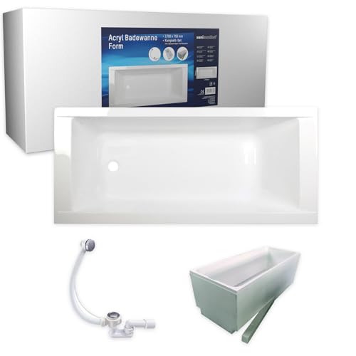 sanicomfort Badewanne Komplettset Form Rechteck 170x75 cm – Acryl-Badewanne weiß mit Wannenträger & Ablaufgarnitur, Wärmedämmung & Schalldämmung, pflegeleicht & robust von sanicomfort