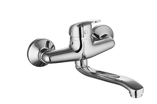 sanicomfort Küchenarmatur Wand WIEN chrom – Spültischarmatur mit Einhebelmischer, 360° schwenkbar – Wasserhahn Küche aus Messing – Hochdruck Armatur für Spüle, modern & langlebig von sanicomfort