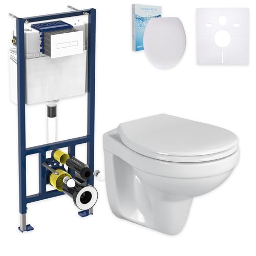 sanicomfort Hänge Wand WC-Komplettset spülrandlos mit Softclose-Sitz WC-Deckel + Vorwandelement + Schallschutz + Drückerplatte eckig von sanicomfort