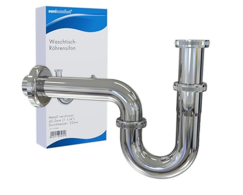 sanicomfort Waschtisch Röhrensiphon 42,4 mm (1 1/4") x 32 mm – verchromter Edelstahl, inkl. Rosette – Universal Siphon für Waschbecken & Waschtisch, Geruchsverschluss, Abflussgarnitur von sanicomfort