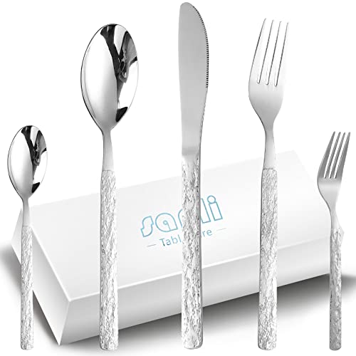 Besteck Set 12 Personen,SANLI 60 Teilig Modern Edelstahl Messer Gabel Löffel Steinmuster Griff,Spülmaschinenfest Rostfrei Besteckset. von sanli