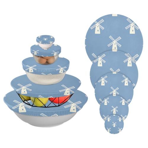 5 Stück Kunststoff-Schüsselabdeckungen elastisch in 5 Größen, Lebensmittelaufbewahrungsabdeckungen zum Gären von Lebensmitteln, Früchten, Resten (Windmühle blau weiß) von sanluoli