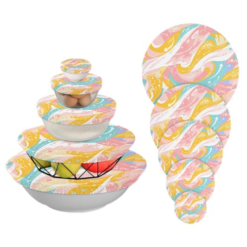 5 Stück elastische wiederverwendbare elastische Abdeckungen in 5 Größen für Lebensmittelaufbewahrungsschalen zum Gären von Lebensmitteln, Früchten, Resten (geometrische Pastellfarbenwellen) von sanluoli