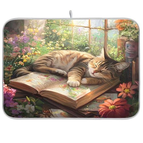 Abtropfmatte für Geschirr mit Gartenblumen, Katze, Abtropfgestell, Küchentheke, Arbeitsplatte, Schutzmatte, Thekentrockner, extra große Abtropfmatte, 45,7 x 61 cm Abtropfmatte für Geschirr mit Gartenblumen, Katze, Abtropfgestell, Küchentheke, Arbeitsplatte, Schutzmatte, Thekentrockner, extra große Abtropfmatte, 45,7 x 61 cm von sanluoli