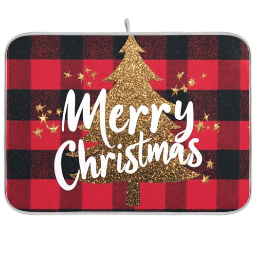 Abtropfmatte mit Aufschrift Merry Christmas Buffalo Plaid Red für Küche Arbeitsplatte Schutz hitzebeständig Küche Geschirrtrockner Geschirrabtropfmatte Jumbo 45,7 x 61 cm von sanluoli
