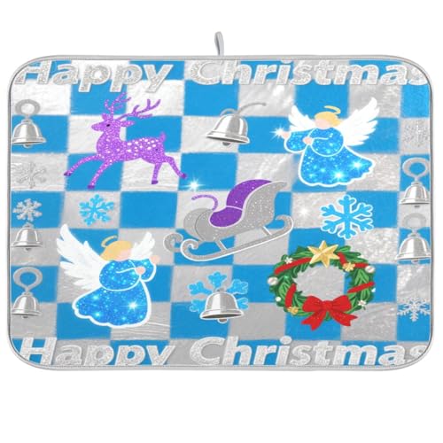 Abtropfmatte mit Glitzer, grau-blau, weihnachtliches Karomuster, Abtropfmatte für Küche, Arbeitsplatte, Abtropfmatte, Küchentrockner, Abtropfmatte, groß, 45,7 x 61 cm von sanluoli