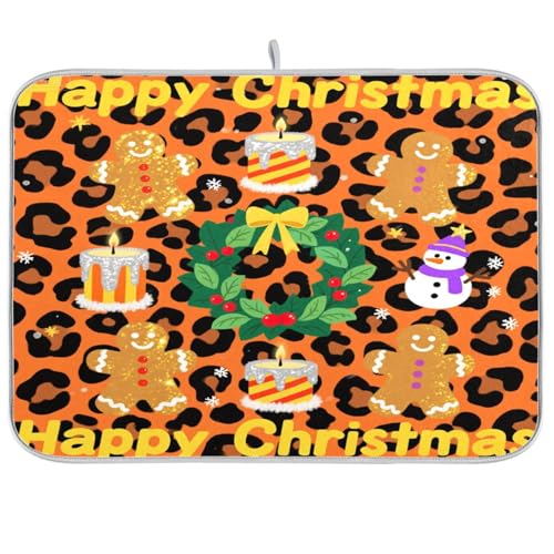 Abtropfmatte mit Leopardenmuster und Aufschrift "Merry Christmas", für Küche, Abtropfgestell, matt, große Mikrofaser-Abtropfmatte, 45,7 x 61 cm, Orange Abtropfmatte mit Leopardenmuster und Aufschrift "Merry Christmas", für Küche, Abtropfgestell, matt, große Mikrofaser-Abtropfmatte, 45,7 x 61 cm, Orange von sanluoli