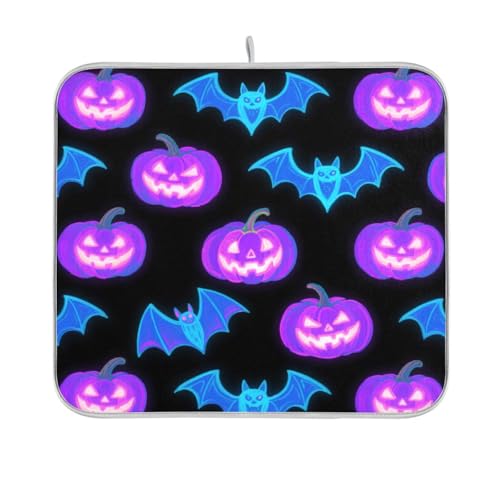 Abtropfmatte mit leuchtendem Kürbisfledermaus, violett, blau, Abtropfgestell, Küchentheke, Küchenabtropfmatte, 40,6 x 45,7 cm von sanluoli