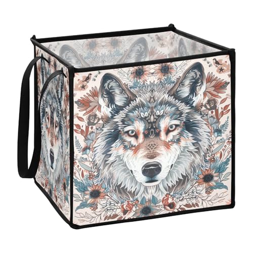 Aufbewahrungsbehälter im Boho-Stil, Blumen-Wolf, für Bücherregale, Stoff-Aufbewahrungswürfel, 33 x 33 x 33 cm von sanluoli