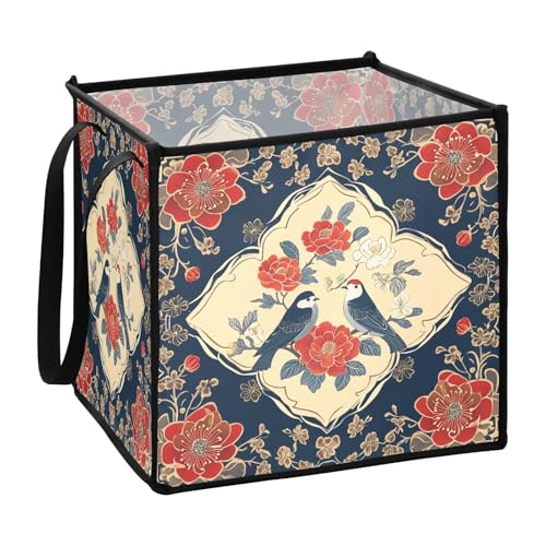 Aufbewahrungskörbe für Schrank mit Vögeln und Blumen, Schwarz und Rot, zusammenklappbar, 33 x 33 x 33 cm von sanluoli
