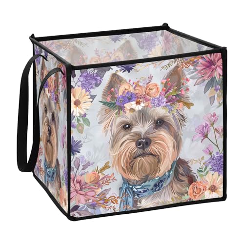 Aufbewahrungskörbe im Boho-Stil mit Blumen-Motiv, niedlicher Hund, Stoffwürfel, faltbar, extra groß, 33 x 33 x 33 cm von sanluoli