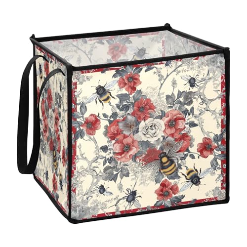 Aufbewahrungskörbe im Boho-Stil mit Blumen- und Blumenmuster, rote Bienen, Stoffwürfel, Aufbewahrungskörbe für Kleidung, 33 x 33 x 33 cm von sanluoli