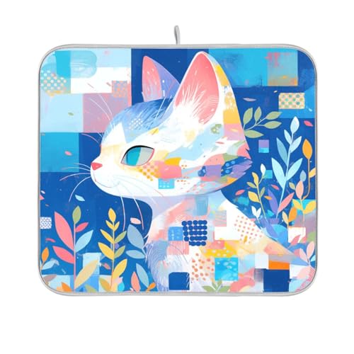 Bunte blaue Katze, geometrische Abtropfmatte für Küchentheke, Abtropfgestell, matt, 40,6 x 45,7 cm Bunte blaue Katze, geometrische Abtropfmatte für Küchentheke, Abtropfgestell, matt, 40,6 x 45,7 cm von sanluoli