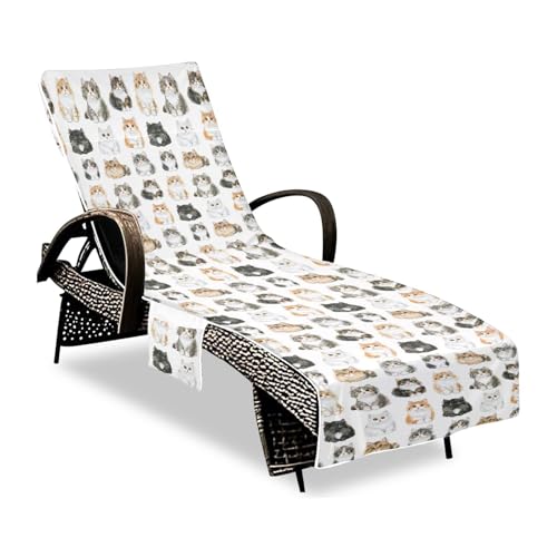 Cartoon American Curl Cats White Patio Lounge Chair Covers Microfiber Soft Polyester Pool Chair Cover with Pockets for Outdoor Sunbathing Trips, 215.9 cm X 76.2 cm von sanluoli