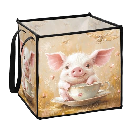 Cartoon-Aufbewahrungskörbe mit niedlichem Schwein, Blume, rosa Stoffwürfel, für Zuhause, zusammenklappbare Lösungen, Stoffwürfel, Aufbewahrungskörbe, 33 x 33 x 33 cm von sanluoli