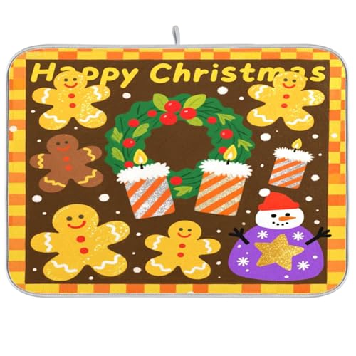 Gelb-braune Weihnachts-Abtropfmatte mit Lebkuchenmann-Motiv für Küche, Arbeitsplatte, hitzebeständig, Küchenmatte, extra große Abtropfmatte für Geschirr, 45,7 x 61 cm von sanluoli