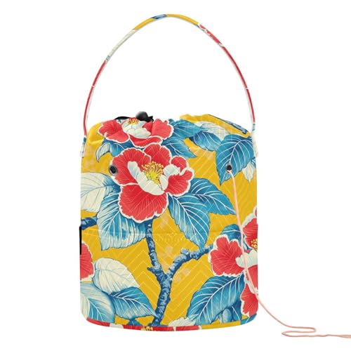 Gelbe rote Blumen, große Garn-Aufbewahrungstasche, Häkeltasche mit Löchern, Häkeltasche für Stricken, Häkeln, Reisen, Stricken von sanluoli
