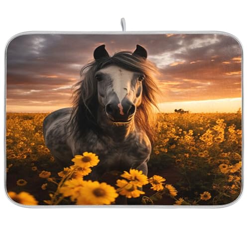 Geschirrmatte mit Sonnenblumen-Motiv und Pferd, Abtropfgestell, für Küchentheke, Küche, maschinenwaschbar, Geschirrmatten zum Trocknen von Geschirr, groß, 45,7 x 61 cm Geschirrmatte mit Sonnenblumen-Motiv und Pferd, Abtropfgestell, für Küchentheke, Küche, maschinenwaschbar, Geschirrmatten zum Trocknen von Geschirr, groß, 45,7 x 61 cm von sanluoli