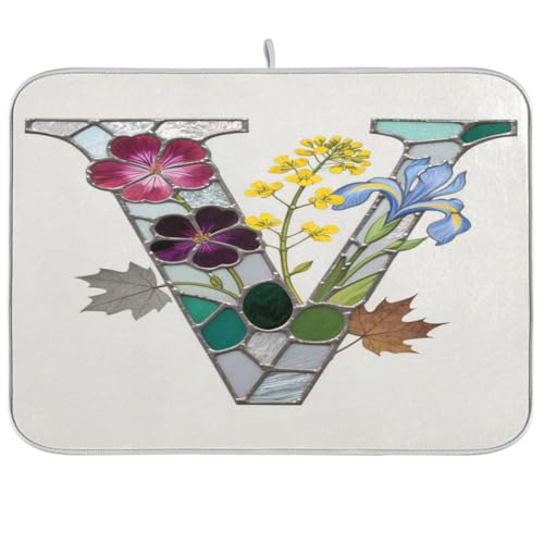 Glasblume Buchstabe V Abtropfmatte Küchenpads für Theke Küche Abtropfmatte Geschirrtrockner Matten Geschirr Abtropfmatte XL 18 x 24 cm von sanluoli