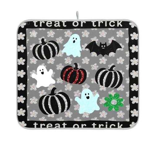 Glitzernde grau-schwarze Halloween-Abtropfmatte mit Blumenmuster für Küchentheke, Arbeitsplatte, Geschirrmatte, Geschirrtrockner, 40,6 x 45,7 cm Glitzernde grau-schwarze Halloween-Abtropfmatte mit Blumenmuster für Küchentheke, Arbeitsplatte, Geschirrmatte, Geschirrtrockner, 40,6 x 45,7 cm von sanluoli