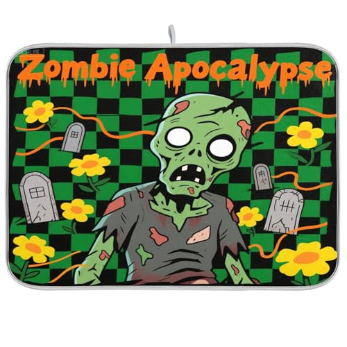 Grüner Zombie Halloween Check Geschirrmatte Küchentheke Abtropfmatte Abtropfmatte für Geschirr hitzebeständige Matte XL Geschirrabtropfmatte 45,7 x 61 cm von sanluoli