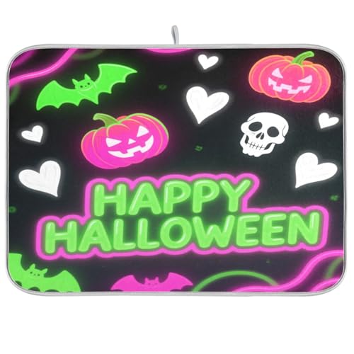 Halloween Herz Kürbis Neon Grün Rosa Geschirrabtropfmatte Küche Arbeitsplatte Matte Geschirr Abtropfgestell Tablett Trockner Matte Küche Extra Große Abtropfmatte für Geschirr 45,7 x 61 cm von sanluoli
