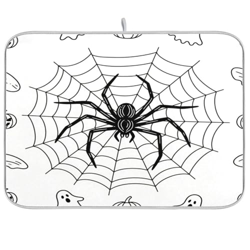 Halloween-Spinnennetz-Stern, schwarz-weiß, Abtropfmatte, Küchenmatte, Theke, Geschirrabtropf-Pads, hitzebeständig, große Geschirrmatte, zum Trocknen 45,7 x 61 cm von sanluoli