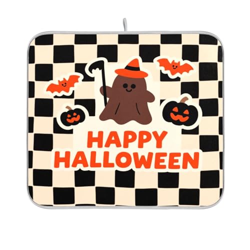 Happy Halloween Fledermaus schwarz karierte Abtropfmatte für Küche Arbeitsplatte Schutz hitzebeständig Küche saugfähige Matte 40,6 x 45,7 cm von sanluoli