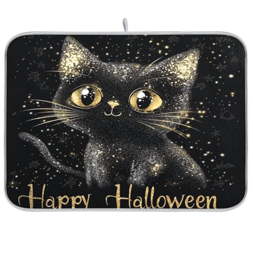Happy Halloween Geschirrmatte mit schwarzer Katze, Zubehör für Küche, Arbeitsplatte, Dekoration, saugfähige Matte, Mikrofaser, Abtropfmatte, XL, 45,7 x 61 cm Happy Halloween Geschirrmatte mit schwarzer Katze, Zubehör für Küche, Arbeitsplatte, Dekoration, saugfähige Matte, Mikrofaser, Abtropfmatte, XL, 45,7 x 61 cm von sanluoli