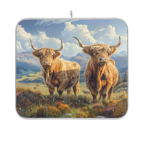Highland Cattle Wild Cartoon Geschirrmatte Küche Arbeitsplatte Dekor Geschirrabtropftuch Thekentrockner 40,6 x 45,7 cm von sanluoli