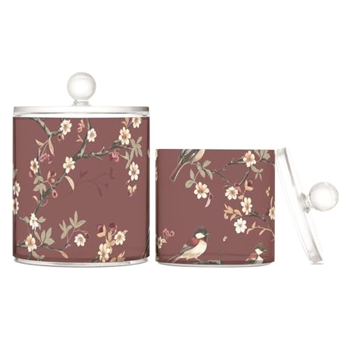 Kleine Blumen und Vögel, transparent, Kunststoff, mit Deckel, Büroutensilien, dekorative kleine Aufbewahrungsbehälter für Wattestäbchen, Wattepads, Zahnseide-Picker, Büroklammern, 2 Stück von sanluoli