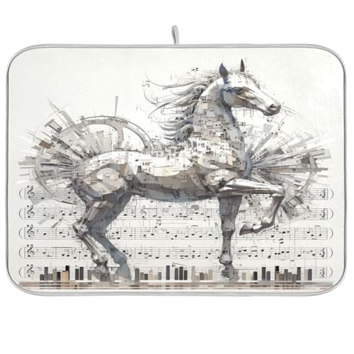 Mechanischer Stil Pferd Musik Partitur Grau Geschirrmatte Küchentheke Abtropfmatte Geschirrtrockner Matte Küche Geschirr Abtropfmatte Jumbo 18 x 24 cm von sanluoli