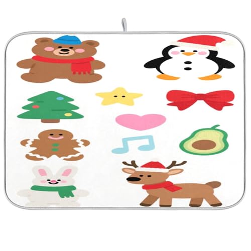 Merry Christmas Geschirrmatte mit niedlichem braunem Elch, Abtropfmatte für Küchentheke, Geschirrabtropftuch, hitzebeständig, große Geschirrmatte, zum Trocknen 45,7 x 61 cm von sanluoli