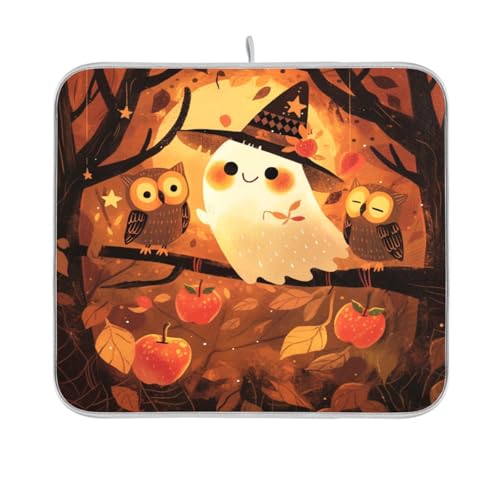 Orange Halloween Illustration Abtropfmatte Küchenmatte für Theke Geschirrabtropfmatten Küche saugfähig 40,6 x 45,7 cm von sanluoli
