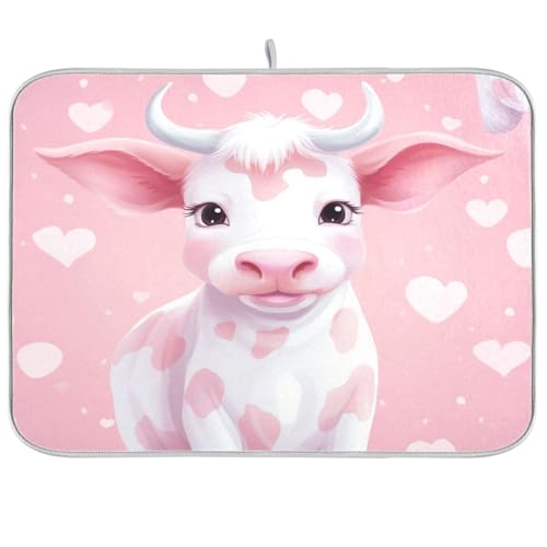 Pink Dream Heart Cow Happy Valentine Abtropfmatte Abtropfmatte Küchentheke Abtropfmatte Trockner Küchenmatte große Abtropfmatte für Geschirr 45,7 x 61 cm von sanluoli