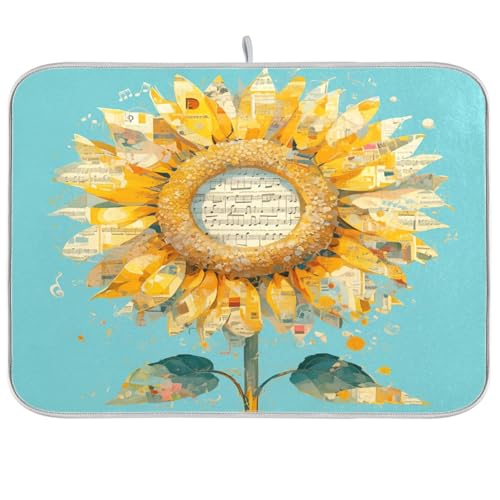 Sonnenblume Musiknoten Notenblätter Teal Geschirrmatte Küche Theke Matte Küche Geschirrabtropfmatte Geschirrtrockner Tuch XL Abtropfmatte für Geschirr 45,7 x 61 cm von sanluoli