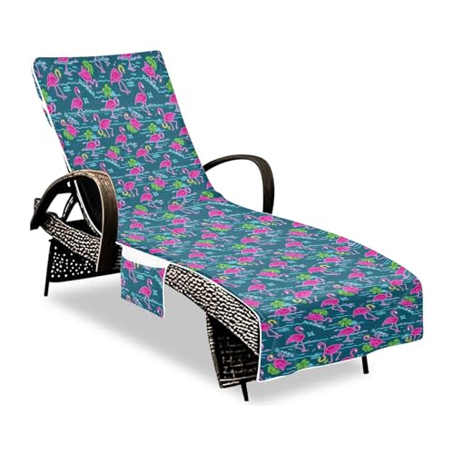 Summer Neon Flamingo Kokosnussbaum Blau Terrasse Chaiselongue Stuhl Abdeckung Weich Saugfähig Polyester Pool Stuhl Abdeckung mit Taschen für Strand Garten Hof Ausflüge, 215,9 x 76,2 cm von sanluoli
