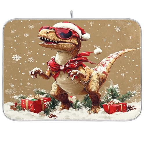 Weihnachts-Dino-Geschirrmatte, Thekenmatten für Küche, Arbeitsplatte, Geschirrtrockner, Tuch, große Mikrofaser-Abtropfmatte, 45,7 x 61 cm von sanluoli