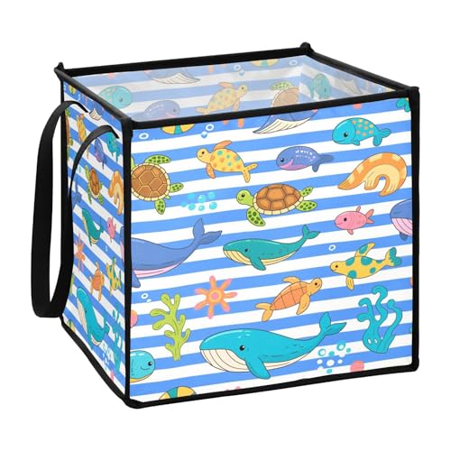 sanluoli Blau Weiß Gestreift Meerestiere Faltbare Würfel Körbe für Kinder Faltbare Niedliche Aufbewahrungsbox 33x33x33 in von sanluoli