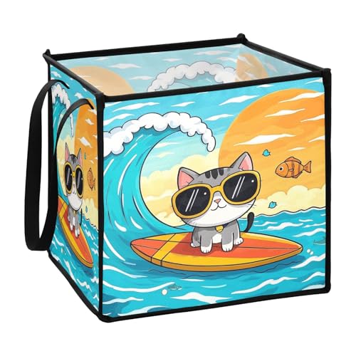 sanluoli Süße Cartoon-Sommerkatze, Surfen, Speisekammerkörbe für den Schreibtisch, faltbar, Seil, Stoffkörbe, 33 x 33 x 33 cm sanluoli Süße Cartoon-Sommerkatze, Surfen, Speisekammerkörbe für den Schreibtisch, faltbar, Seil, Stoffkörbe, 33 x 33 x 33 cm von sanluoli