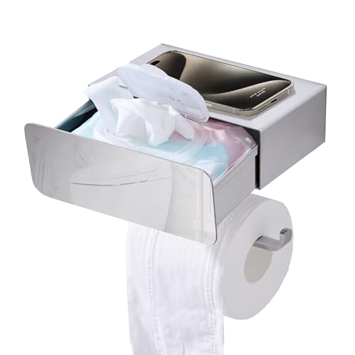 Klopapierhalter ohne Bohren | Toilettenpapierhalter mit Feuchttücherbox, Ablage & Schublade | Edelstahl 304 | WC Papier Halterung für Klopapier Aufbewahrung (Hochglanz) | Toilet Paper Holder von sapisecret